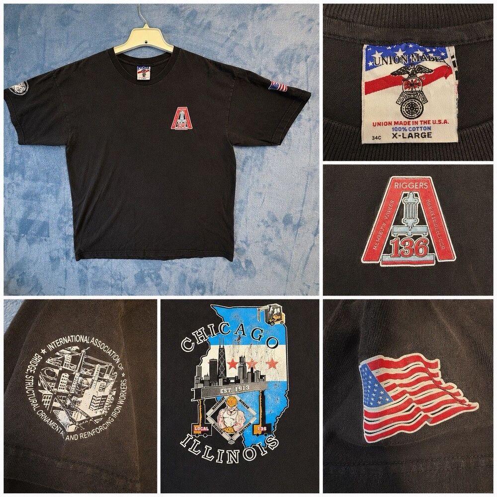 Vintage 90s Union Made USA Local 136 Chicago Illinois Ironworkers T Shirt XL
